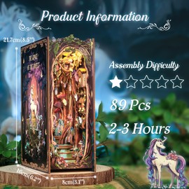 Cutefun Book Nook Kit, DIY Miniature Dollhouse Kit for Adults and Teens, 3D Wooden Puzzle Bookends, Bookshelf Insert Decor w/LED Light Dust Cover, Christmas Birthday Gifts (Forest Unicorn)