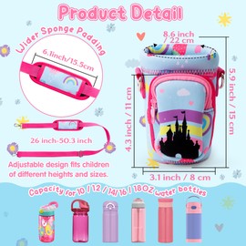 2ooya Water Bottle Carrier Bag for Kids - Water Bottle Holder with Padded Strap Pocket Blue Castle Girls Neoprene Insulated Water Bottle Sling Bag 10/12/14/16/18Oz for School Walking Hiking Camping