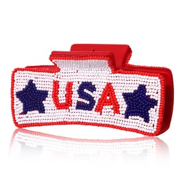 4th of July Hair Claw for Women Beaded Star USA Hair Clips Red White and Blue 4th of July Outfits Accessories Gifts (Pattern D)
