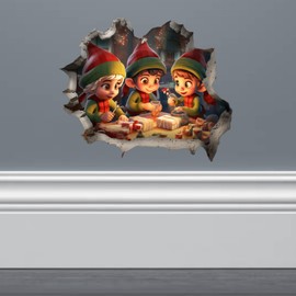 Santa's Elves Hole in Wall Christmas Art Sticker - Funny 3D Prank Peel and Stick Decal - Premium Quality Vinyl Stickers 2-Pack | 5-Inch on Widest Side | Made in USA FHJ1381