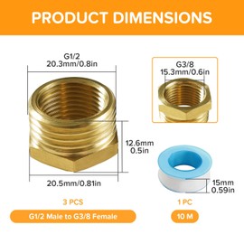 Lyeteung 3 pieces brass reducer G1/2 male thread to G3/8 female thread, brass reducer thread fitting, hexagonal brass converter with raw material band, used for pipe connection