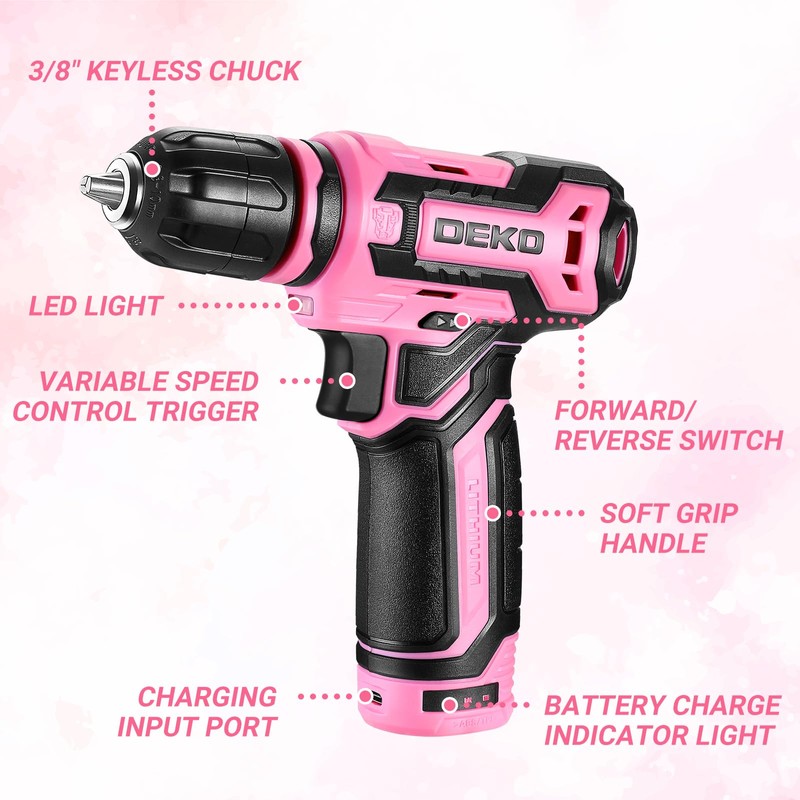 Cordless Drill：DEKOPRO 12V Power Drill Set with Pink 800RPM Electric
