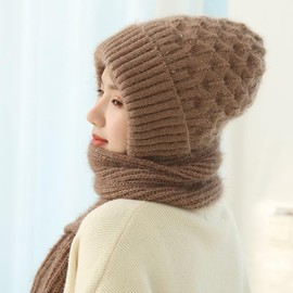 DJFOG Integrated Ear Protection Windproof Cap Scarf, 2 in 1 Warm Knitted Hat Scarf, Knitted Thickening Hat Winter Hat Scarf, red