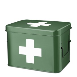 Flexzion Medicine Box, Home Pharmacy Box, 33 x 21 x 19 cm, Metal Medication Storage for Emergency, First Aid Cabinet, with Side Handles, Removable Tray & 5 Compartments, Green
