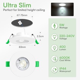 ALUSSO LIGHTING ALUSSO LIGHTING LED Einbaustrahler 230V IP44, 5W Kaltwei? 6000K Einbaustrahler LED, Deckenspots mit Abnehmbar LED Modul, Ultra Flach LED Einbaustrahler ?68mm fr Kche Badezimmer Wohnzimmer, 6er Set
