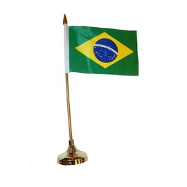Brasil Brazil Small 4 X 6 Inch Mini Country Stick Flag Banner with GOLD STAND on a 10 Inch Plastic Pole .. New