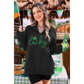 ALIREVERIE Womens St Patricks Loose Fit Holiday Shirts Shamrock Irish Oversized Quarter Zipper Sweatshirt Glitter Lucky Clover L