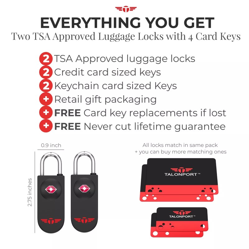 Talonport Keyless TSA Approved Luggage Locks with Lifetime Card Keys