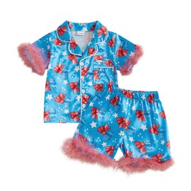 Kuriozud Toddler Girl Pajamas 4th Of July Baby Silk Satin Nightgown Girls Fourth Of July Pjs Button Down 2Pcs Pajamas Set (Bow Stars Blue, 18-24 Months)
