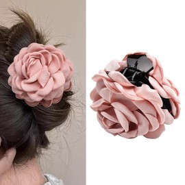 Pink Floral Hair Claw for Girls Women Pink Rose Hair Claw with Shark Clip Sweet Ponytail Claw for Thick Thin Hair Soft Satin Hairpins Hairclips Weddings Birthday Party Hair Accessory