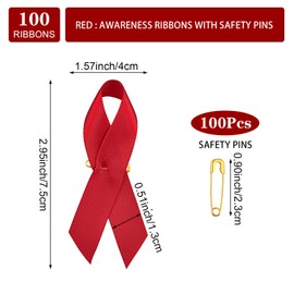 Wandic Pack of 100 Red Satin Ribbon Brooches with Safety Pins for Heart Disease, HIV, Drug Prevention and Driving Under Influence
