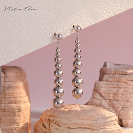 Milan Chiva Silver Long Dangle Earrings for Women 14K Statement Beaded Ball Drop Trendy Jewelry MCE-1041WG