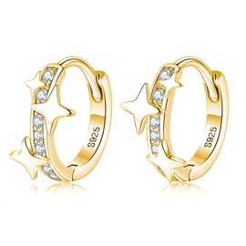 Reffeer Solid 925 Sterling Silver CZ Star Hoop Earrings for Women Earrings Star Huggie Hoop Earrings Hypoallergenic (B-18K Gold Plated)