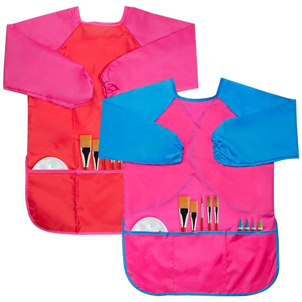 CUBACO 2 Pack Kids Art Smocks Children Waterproof Artist Painting Aprons with Long Sleeve and 3 Pockets for Age 3-8 Years