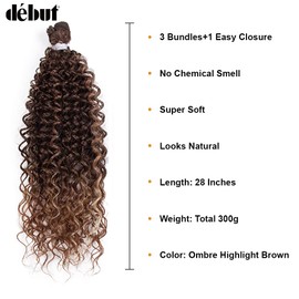 DÉBUT Curly Hair 3 Bundles with Easy Closure Synthetic High Temperature Fiber Long Deep Curly Heat Resistant Hair Weave 4pcs/Pack 16 Inches Total 300g 3 Tones Ombre Highlight Brown Color