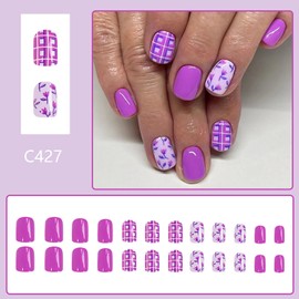 FOXIIU Press on Nails Square Short Purple Glossy Full Cover Artificial Short Fake Nails with Floral Bud Designs Acrylic Short Coffin Spring False Nails with Glue Stick on Fingernails for Women Girls