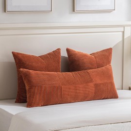 Fancy Homi Set of 2 Burnt Orange Boho Long Lumbar Body Decorative Throw Pillow Cover 14x36 Inch for Bed Couch Bedroom Bench, Soft Patchwork Corduroy Textured Pillow Case, Rustic Farmhouse Room Décor