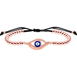 Oneress Cute Roes Gold Plated Malevolent Eye Protection Stretch Bracelet, Sparkling Eye Design Brass Beaded Chain Bracelets with Cubic Zirconia for Girls YA4895