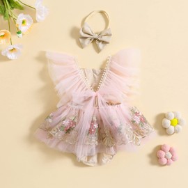BULINGNA Baby Girl Summer Lace Tutu Romper Dress with Headband Flutter Sleeve Floral Lace Embroidery Skirt Princess Sundress (Pink, 3-6 Months)