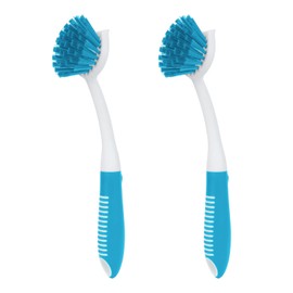 Dish Brush with Handle, 2 Pack Scrub Brushes with Built-in Scraper for Cleaning Kitchen, Pots, Pans and Sink, Scrubber Washing Tools, Blue
