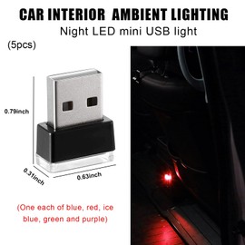 Sylvil 5 PCS USB LED Car Interior Atmosphere Lamp, Portable Mini LED Night Light, Plug-in USB Interface Trunk Ambient Lighting Kit, Universal Interior Car Accessories (Blue+Red+Ice Blue+Green+Purple)