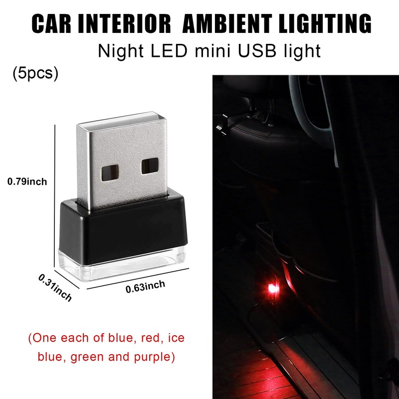 Sylvil 5 PCS USB LED Car Interior Atmosphere Lamp, Portable