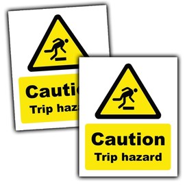 2 Pack Caution Trip Hazard Waterproof UV Resistant Vinyl Stickers 110mm x 90mm Mind The Step