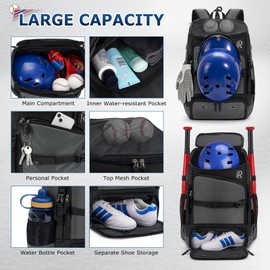 RAINSMORE Baseball Bag Large Capacity Backpack for Softball, Baseball,Tball Equipment Adult & Youth Bat Bag with Shoe Compartment & Helmet Holder