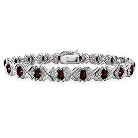 Sterling Silver Genuine or Synthetic Gemstone Oval X Design Polished Tennis Bracelet for Women, Metal, Garnet
