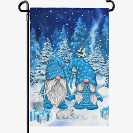 Dacawin Winter Gnome Garden Flag Blue Snow Pine Yard Flags White Bear Ice Balls Snowflakes Double Sided Xmas House Banners for Seasonal Outside Outdoor Happy Holiday Gifts 12x18 Inch