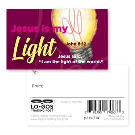 Jesus is my Light, John 8:12, Bulk Pack of 25 Affirmation Scripture Cards for Kids, Pass it On Christian Bible Verse Cards for Sunday School, Childrens Church, & Youth Group Ministry