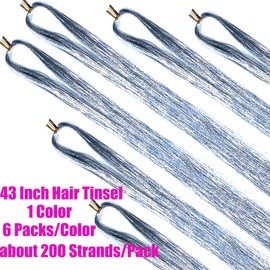 6 Packs 43 Inch Hair Tinsel Extensions with Tools Kit 1200 Strands Tinsel Hair Extensions for Women Girls Heat Resistant Sparkling Shiny Glitter Hair Pieces for Christmas Cosplay Part (43 inch,silver)