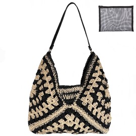Straw Hobo Bag for Women Boho Bohemian Style Shoulder Purse Vintage Foldable Beach Daily Handbag for Summer Vacation