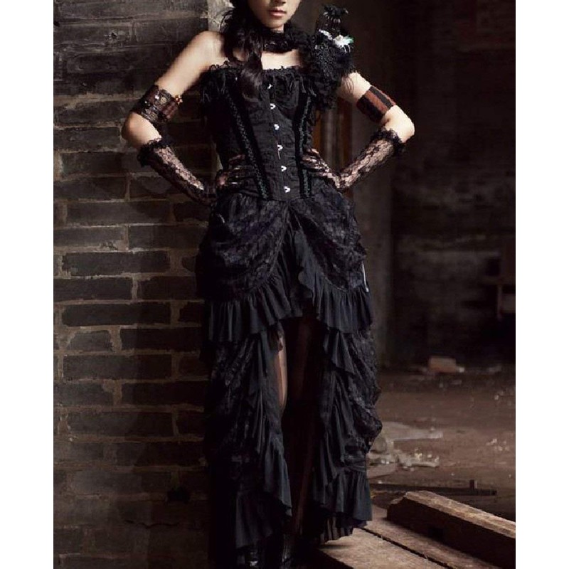 Women's Steampunk Gothic Black Lace Long Skirts - Pleated
