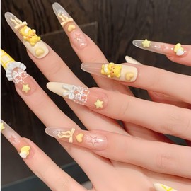 Liberte55 Nail Tips Yellow Long False Nail Gal Korean Cute Mine Type Handmade Yellow Simple Almond (Yellow 1, Long)