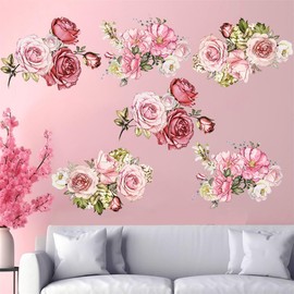 Fanwaoo Pink Floral Wall Stickers, Rose Wall Decals, Waterproof Vinyl, 6 Sheets, 15 x 20cm, Perfect for Living Room, Bedroom, Smooth Surfaces