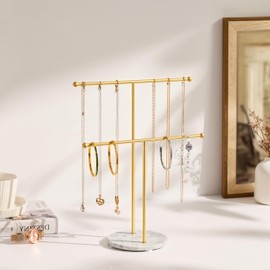 pickpiff Necklace Holder Stand: 2 Tier Jewelry Organizer with Marble Base, Gold Jewelry Tree Display for Bracelets, Rings, Earrings
