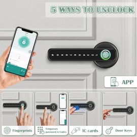 Fingerprint Door Lock, Thumbprint Door Knob 5 in 1 Biometric Door Lock with APP Fingerprints Biometric IC Card Password Key, Black Smart Lock Door Knob for Apartment Bedroom Home Hotel Office