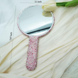 Frinnovan Rhinestone Handheld Mirror Round Bling Sparkle Cosmetic Dazzling Portable Hand Mirrors with Handle for Women Wedding Party Pink
