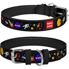 UD_Design Black Leather Dog Collar for Small Medium Large Dogs 8-11 Neck Size 1-2 Wide with NASA Buckle for Boy Girl Puppy