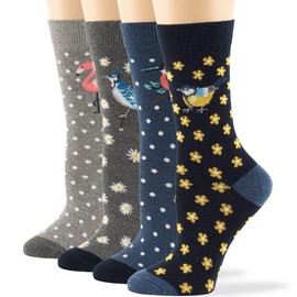 7BIGSTARS KINGDOM Women Dot Flower Socks - 4 Pack Medium - Bluebird-Robin-Flamingo-Blue Jay-Crew Cotton - Sock Size: 9-11, Shoe Size: 5-9, Grey, Dark Grey, Dark Navy, Light Navy