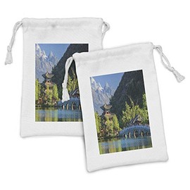 Ambesonne Vintage China Fabric Pouch Set of 2, Old Town Scene of Lijiang Black Dragon Pool Park Jade Dragon Snow Mountain, Small Drawstring Bag for Toiletries Masks and Favors, 9" x 6", Multicolor