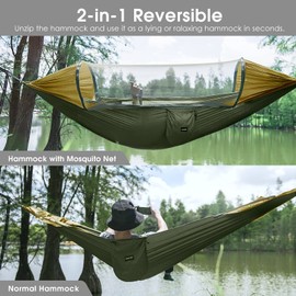 G4Free Large Camping Hammock with Mosquito Net 2 Person Pop-up Parachute Lightweight Hanging Hammocks Tree Straps Swing Bed for Outdoor Backpacking Backyard Hiking