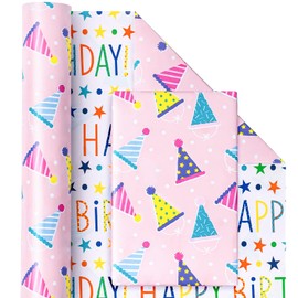 WRAPAHOLIC Reversible Birthday Wrapping Paper - Mini Roll - 17 Inch x 9.8 Feet - Pink Happy Birthday Design for Girls Birthday, Kids Birthday, Baby Shower