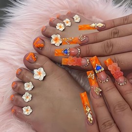 Ombre Orange French Tips Press on Nails Long Square Fake Nails with Hearts Bear Charm Design Butterfly Diamond False Nails Flower Fake Toenails Short Square Press on Toenails for Women Manicure 48Pcs