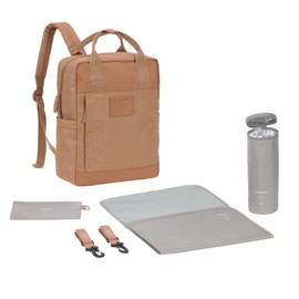 LÄSSIG GRE Vividal Almond Baby Changing Backpack with Changing Mat, Pram Attachment, Bottle Holder Sustainably Produced