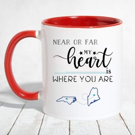 Mother Day, Father Day Gift Distance Mug - Near Or Far My Heart Is Where You Are - Long Distance Mug State Map (NC ME) North Carolina Maine - Accent Mug 11 OZ (Red)