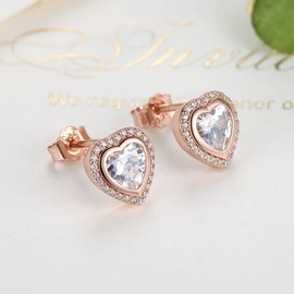 Presenski Women's Rose Gold Stud Earrings Silver 925 Heart Zirconia Stud Earrings Gold Birthday Gift for Mother Women, Sterling Silver, Cubic Zirconia