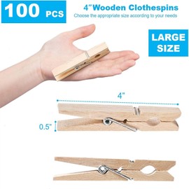 SenseYo 100 Pcs Wooden Clothespins Clips 4 Inch Large Wooden Clips for Hanging Clothes, Kitchen