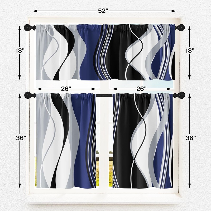 Tayney Blue Grey White Black Kitchen Window Curtains Valance and